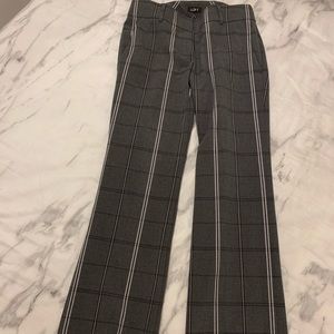 Gray and purple plaid trousers
